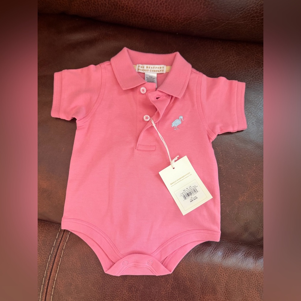 The Beaufort Bonnet Company Pink Polo Onesie with Light Blue Embroidered Bird